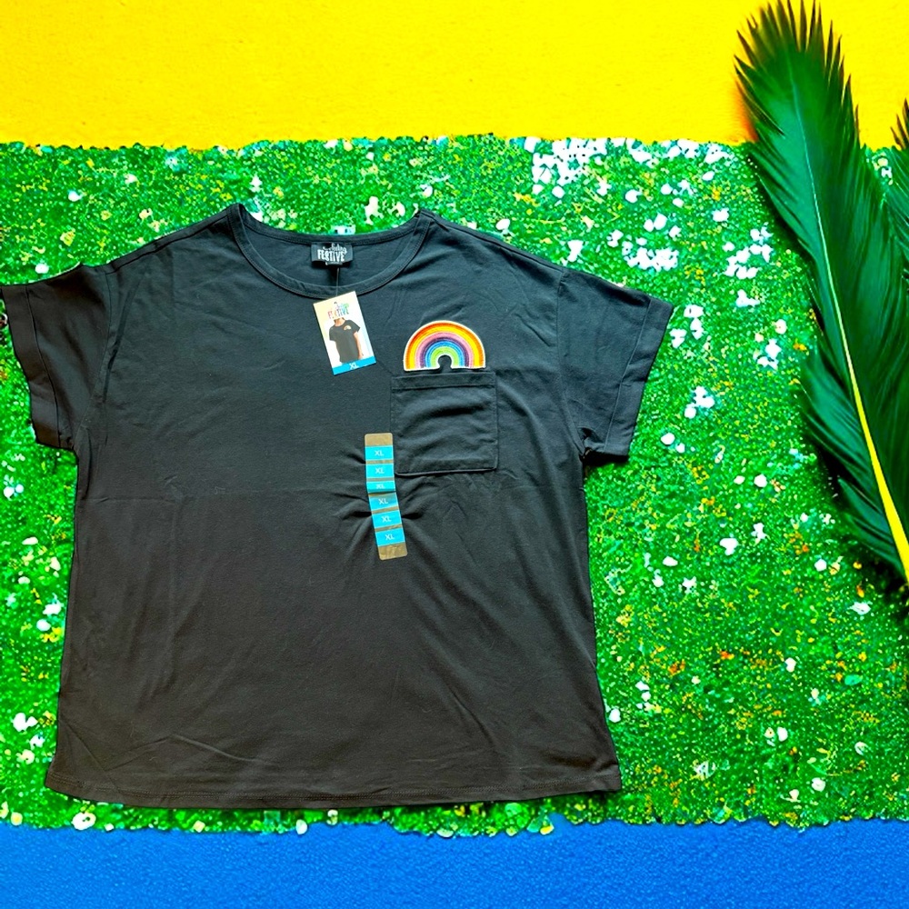 Feeling Festive black T-Shirt with Colorful Rainbow. NWT